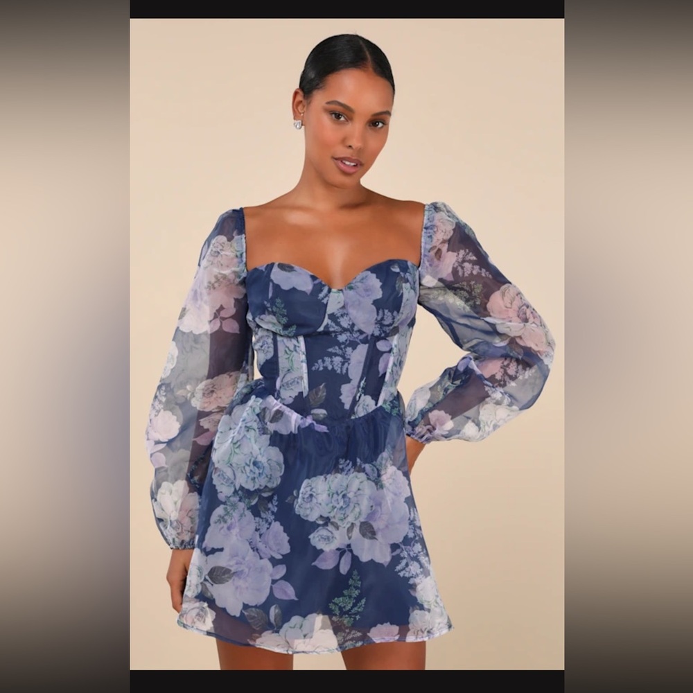 Lulus Positively Enchanting Blue Floral Organza Bustier Mini Dress - Size M